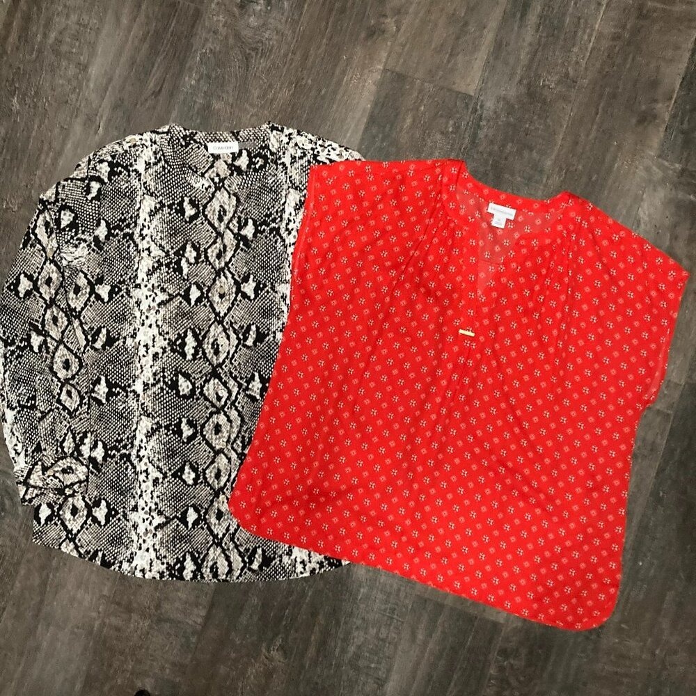 Lot 2 Calvin Klein Snake Print Blouse Liz Claiborne Red Geometric Top XL Bundle